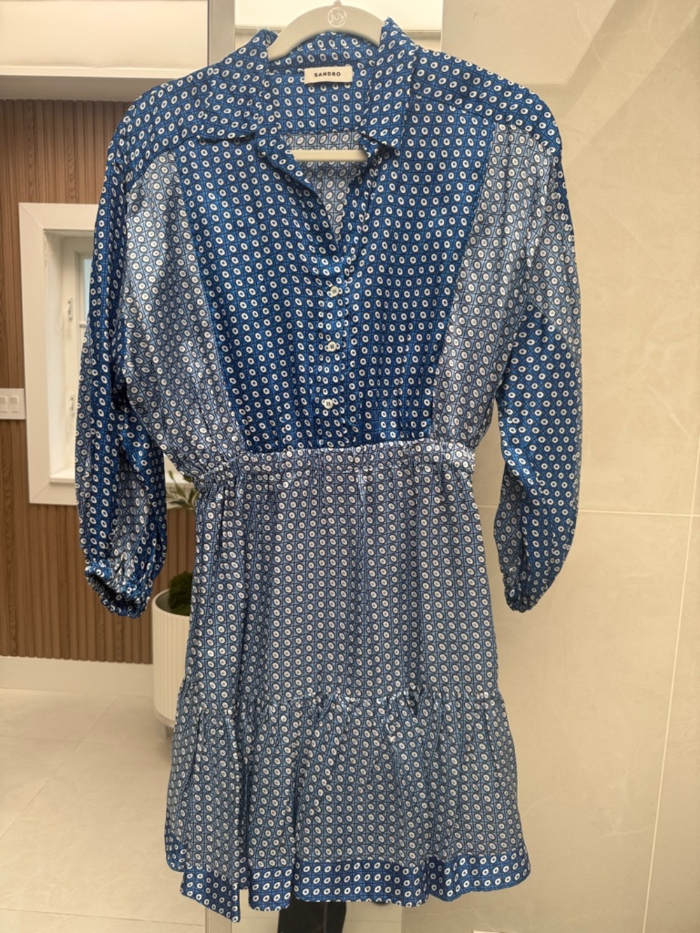 Sandro Blue Printed Tiered Shirt Dress with Elastic Waist